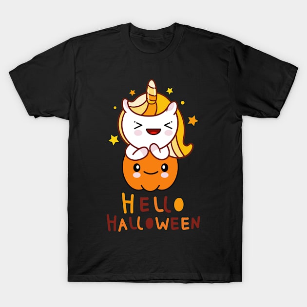 Hello Halloween Pumpkin Unicorn Candy Corn T-Shirt by amitsurti